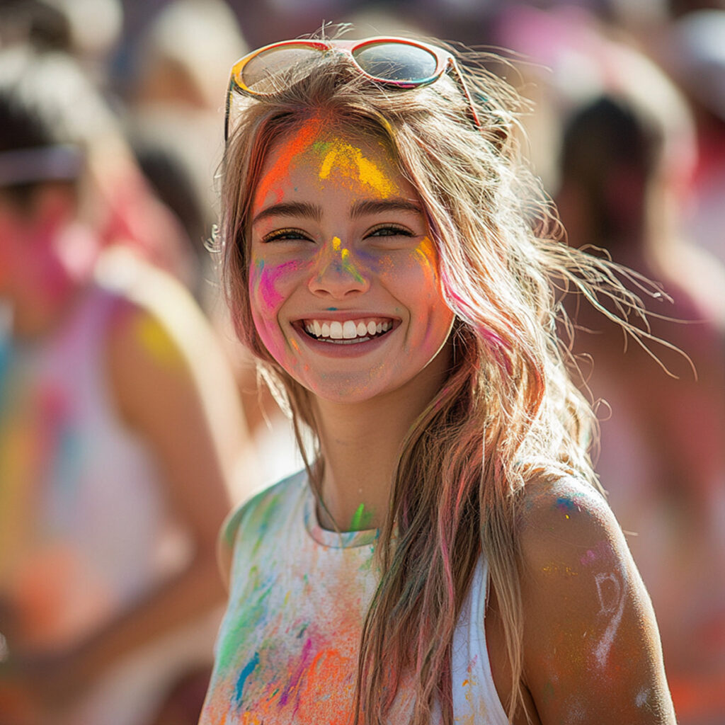 Smiling young woman with colorful paint on her face and clothes during a festival celebration outdoors