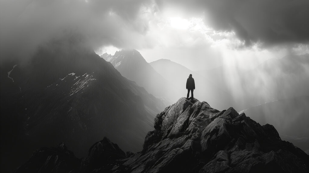 A person standing alone on a mountain peak, symbolizing self-leadership, courage, and inner strength.