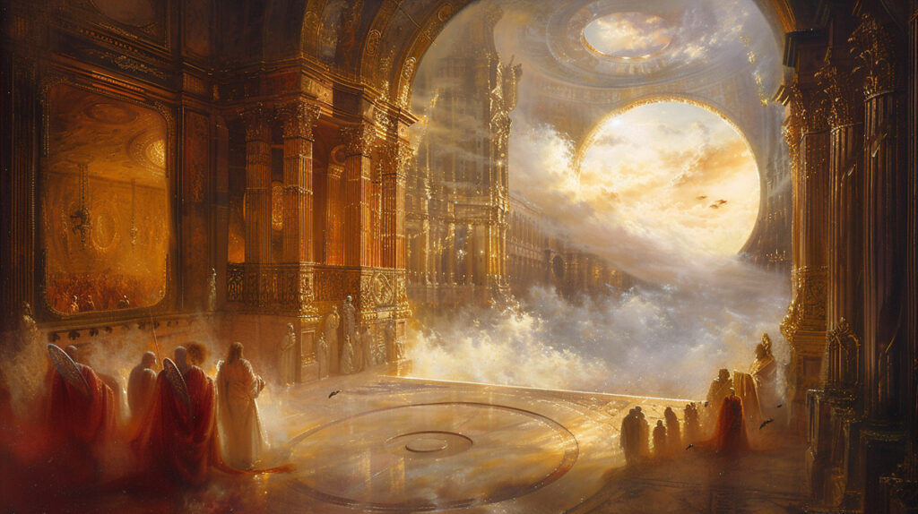 A digital artwork titled Heavenly Council: regal figures in flowing robes stand amidst monumental classical architecture, gathered before a luminous circular portal; dramatic lighting and deep shadows cast an atmosphere of ritual and transcendence.
