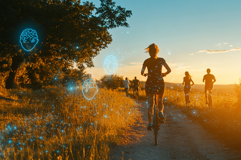 People cycling on a countryside path at sunset, symbolizing active daily movement.