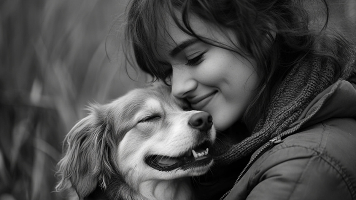Woman smiling and hugging a happy dog in a black and white portrait